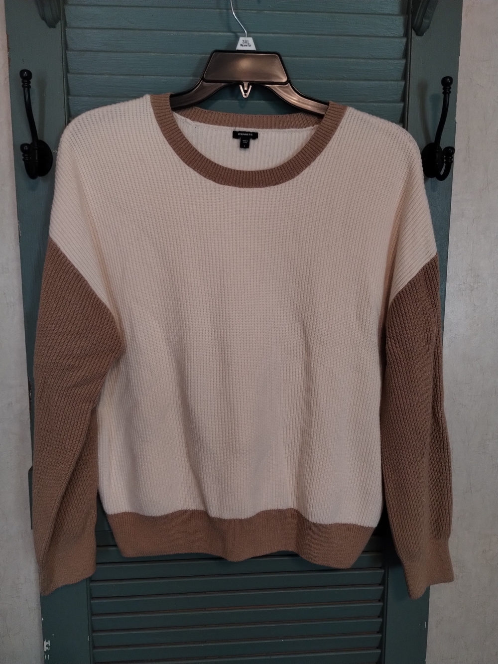 Express Two-Tone Crewneck Sweater in Cream and Tan